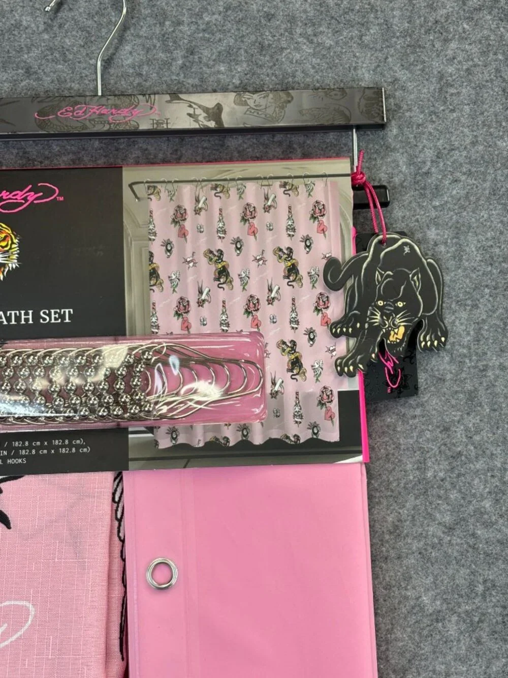 Ed Hardy Shower Curtain Set w 14 Piece w Hooks & Liner Pink Hearts Panther Snake